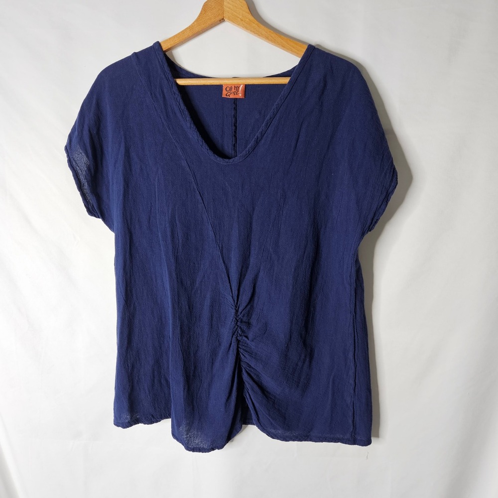 Oh My Guaze! Navy Blue 100% Cotton Ruched Front Short Sleeve Top sz 1